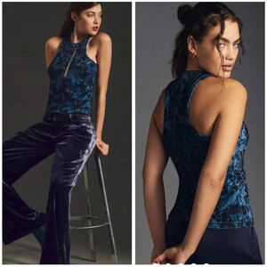 Pilcro Anthropologie Blue Motif Velveteen Racerback Top Size Small